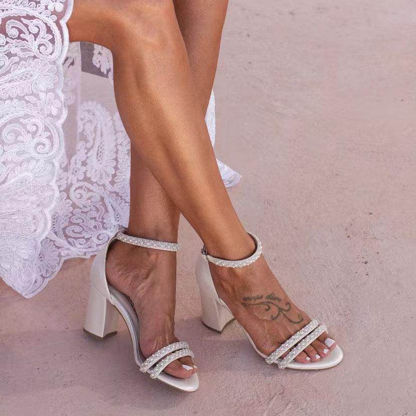 Pearl Faux Leather Ankle Strap Block Heels 728525145929 - COCOMELODY